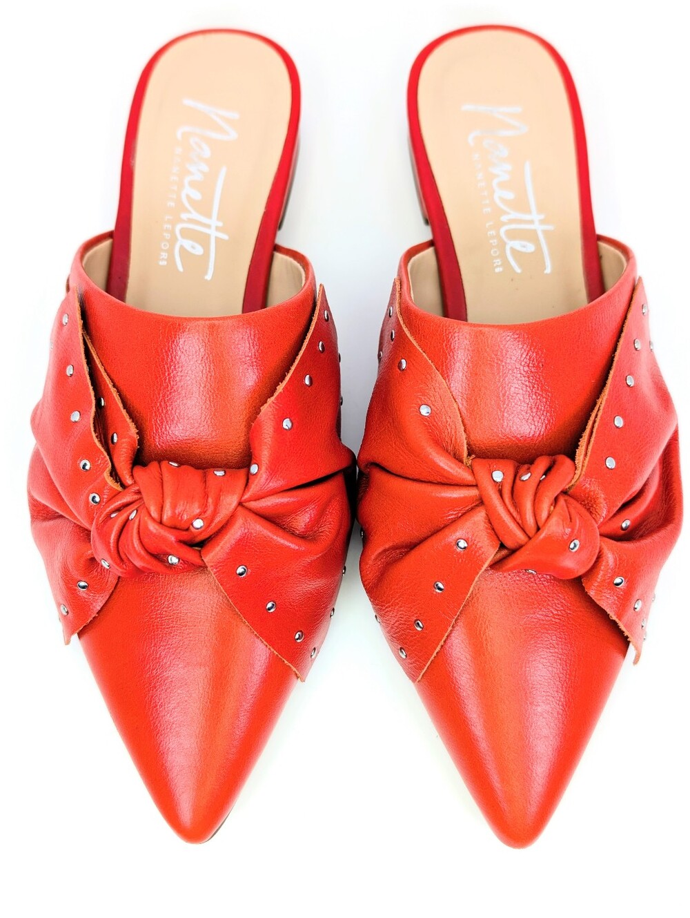 Nanette Lepore Orange Red Studded Bow Pointed Toe Mule Flats Slide On Size 6 EUC - Picture 6 of 12